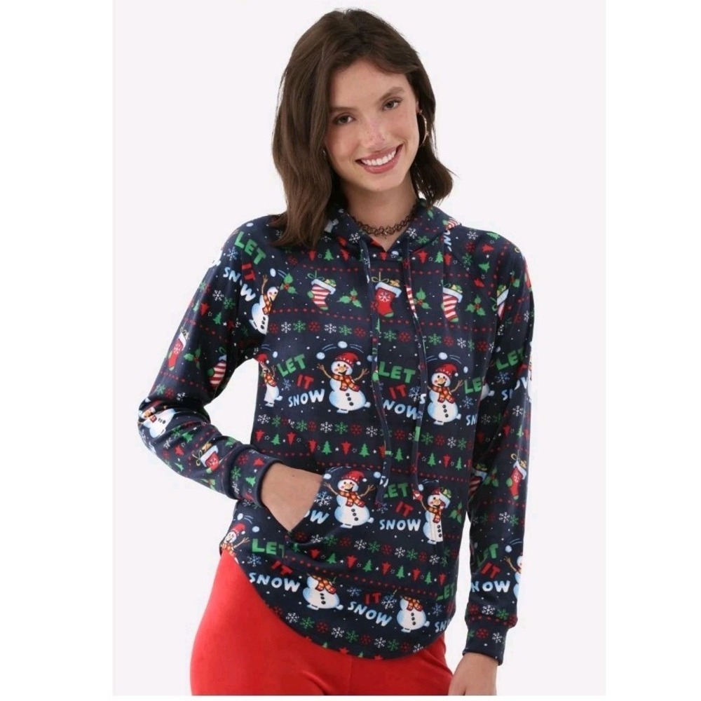 Women's Plush Christmas Pullover Hoodie kangaroo Pocket Blue Multi Size XS